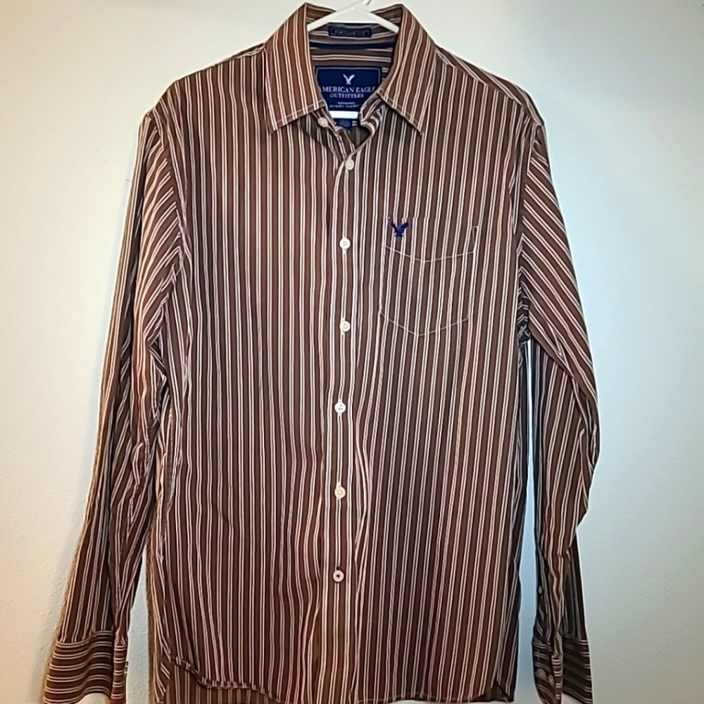 American Eagle Vintage Fit Button-Up Men's Large Long Sleeve Striped Shirt Tan